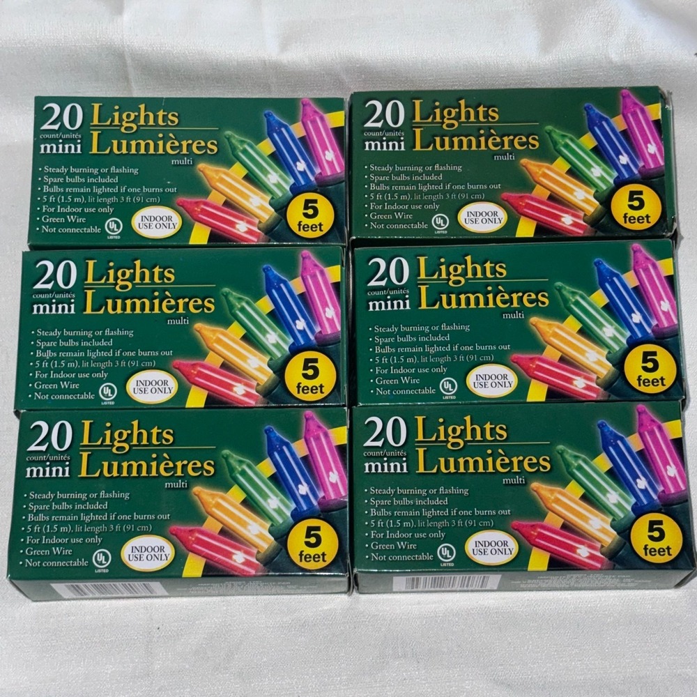 6 Pack Mini Christmas Lights 20 MULTI COLOR Bulbs HOLIDAY DECOR Green Wire 5 Ft